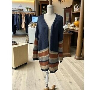 Hem N Thread Chunky‎ Open Front Knit Cardigan Sweater Striped Blue Brown Size L